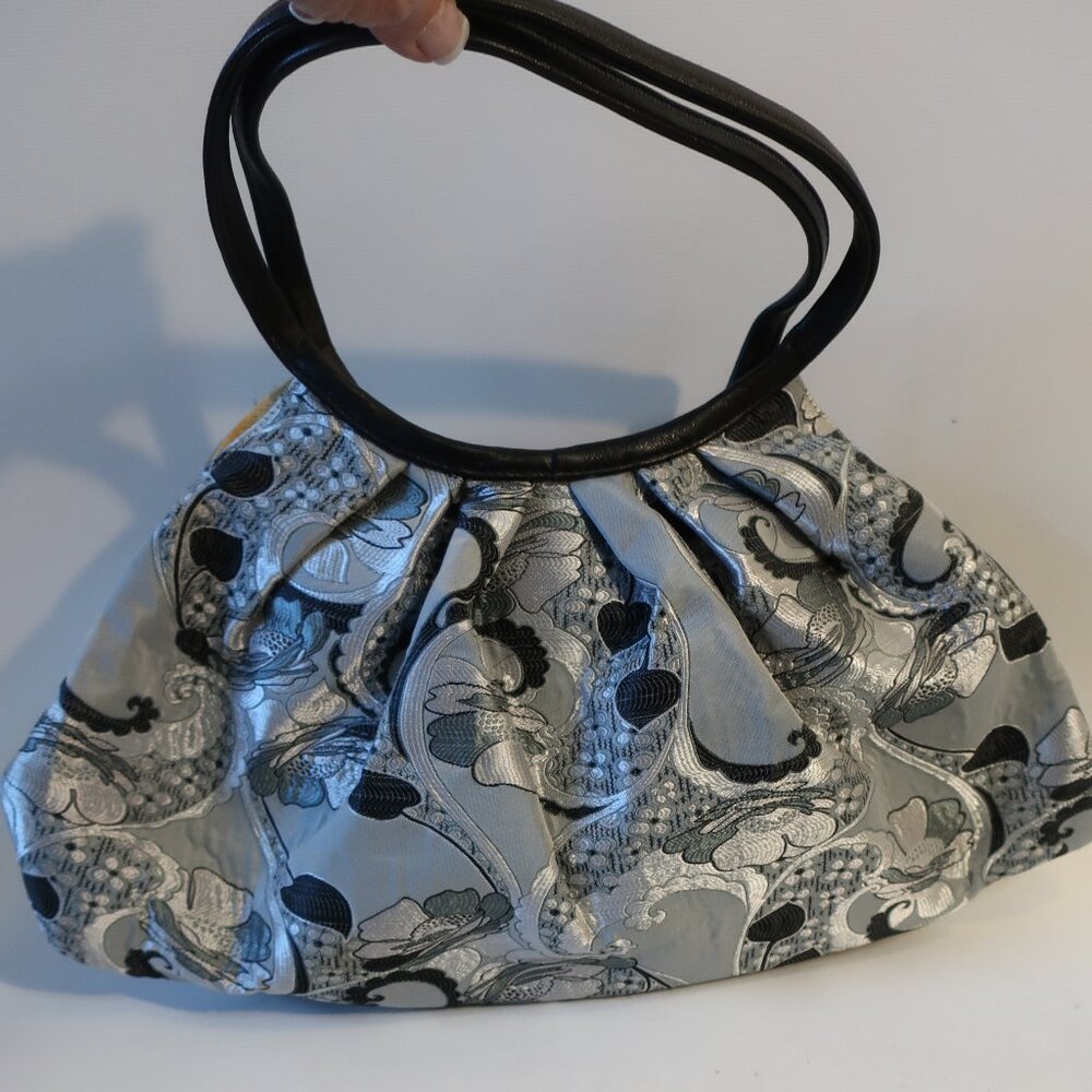 Womens Hadley Pollet Gray Silver Black Brocade Jacquard Embroidered Handbag